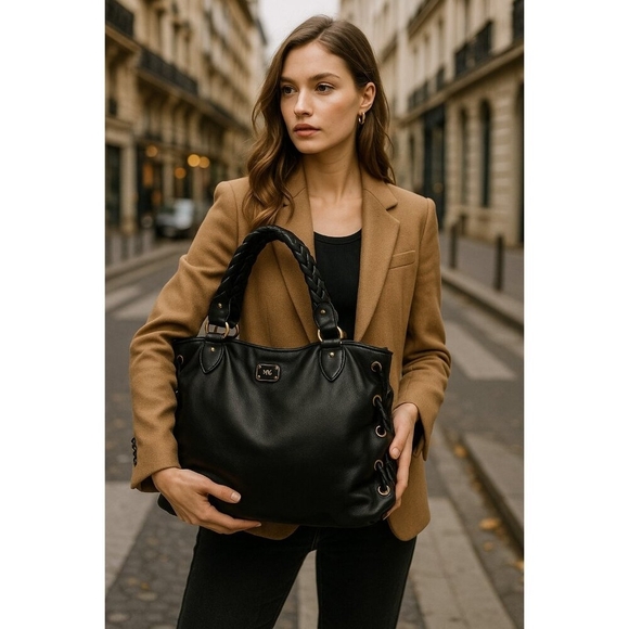 Michael Kors Black Leather Braided Handle Tote Satchel Whipstitch Grommet Large - Picture 1 of 14